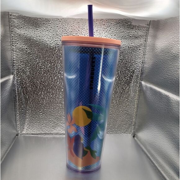 NWT! Starbucks Pink Blue Beach Palm Tree Acrylic Cold Cup Tumbler Venti 24oz - Picture 2 of 5